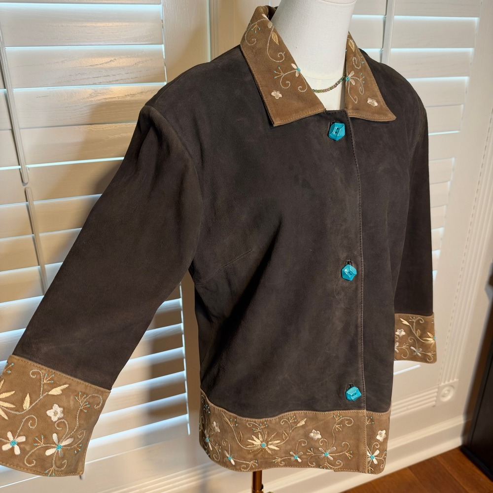 Rose Canyon Ranch Brown Suede Leather Embroidered Western Jacket XL Turquoise